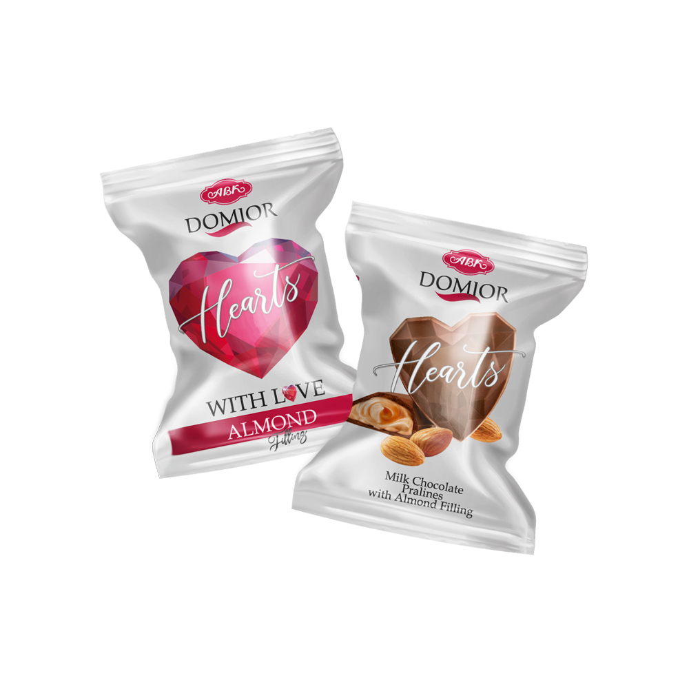 AVK Domior – premium Ukrainian heart-shaped milk chocolate candy with almond praline filling – elegant gift sweets and traditional Ukrainian candies by AVK