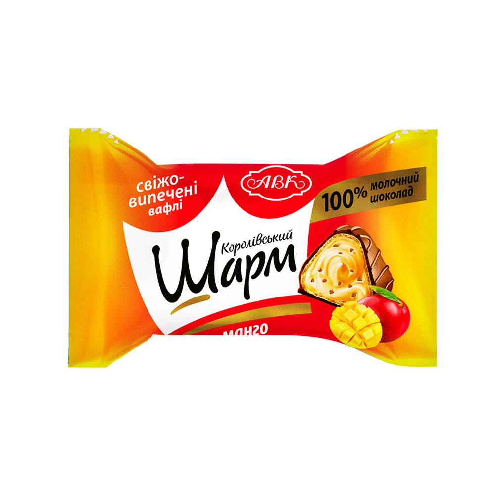AVK Korolevskiy Sharm Mango – Ukrainian pyramid-shaped chocolate candies with crispy wafer and mango cream – tropical sweets and modern Ukrainian candies by AVK