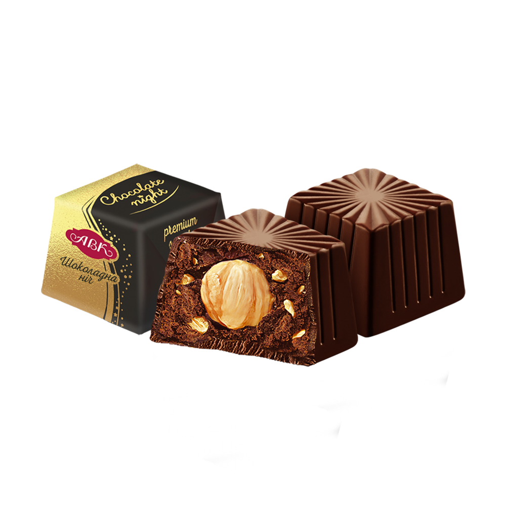 AVK Shokoladnaya Noch – Ukrainian dark chocolate candy with whole hazelnut – rich and elegant confection from AVK