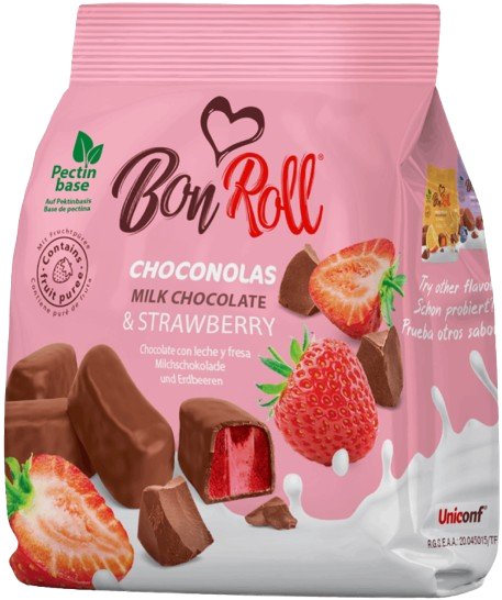 Bon Roll Choconolas Milk Strawberry 80g – soft strawberry fruit jellies in creamy milk chocolate, made with real strawberry purée – vegan, gelatin-free, gluten-free, with Halal Food Quality Certificate and IFS Food Certification – natural chocolate sweets with fruity flavour
