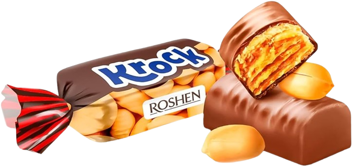 Roshen Krock – Ukrainian glazed candies with rich peanut paste filling, covered in chocolate – crunchy nutty sweets and confectionery treats by Roshen