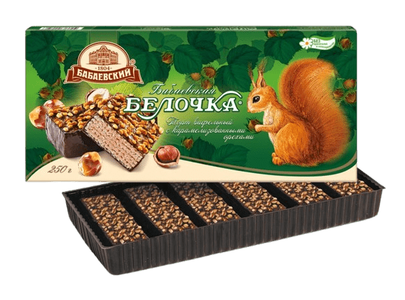 (709) WAFER CAKE BABAYEVSKAYA BELOCHKA WITH CARAMELIZED NUTS 220 gr - PLANET OF SWEETS - Desserts - Box 220 gr - 709