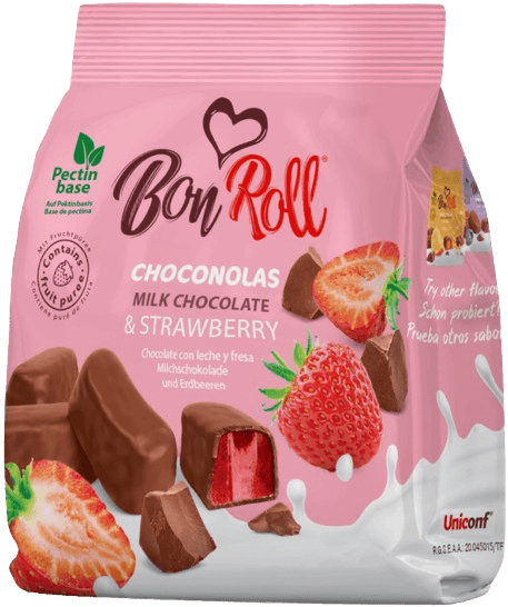 (835) Bon Roll CHOCONOLAS MILK STRAWBERRY 80g - PLANET OF SWEETS - 80g - 835