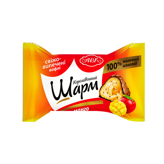 AVK Korolevskiy Sharm Mango – Ukrainian pyramid-shaped chocolate candies with crispy wafer and mango cream – tropical sweets and modern Ukrainian candies by AVK

