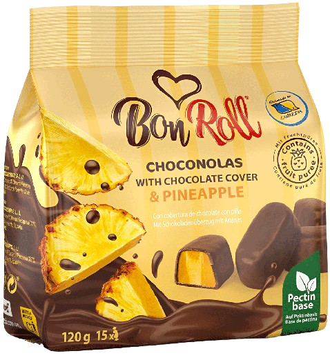 Bon Roll Dark Choconolas Pineapple 80g – soft pineapple fruit jellies in rich dark chocolate, made with real pineapple purée – vegan, gelatin-free, gluten-free, with Halal Food Quality Certificate and IFS Food Certification – natural chocolate sweets with fruity flavour

