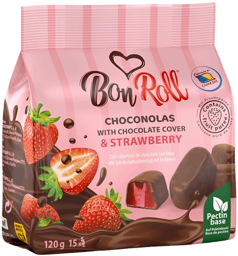 Bon Roll Dark Choconolas Strawberry 80g – soft strawberry fruit jellies in rich dark chocolate, made with real strawberry purée – vegan, gelatin-free, gluten-free, with Halal Food Quality Certificate and IFS Food Certification – natural chocolate sweets with fruity flavour