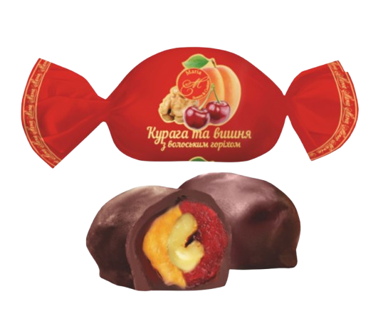 Candy with dried apricot, cherry, and walnut filling coated in glaze – Ukrainian candies