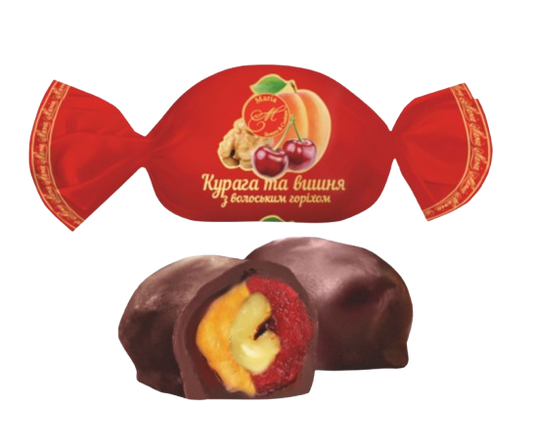 Candy with dried apricot, cherry, and walnut filling coated in glaze – Ukrainian candies