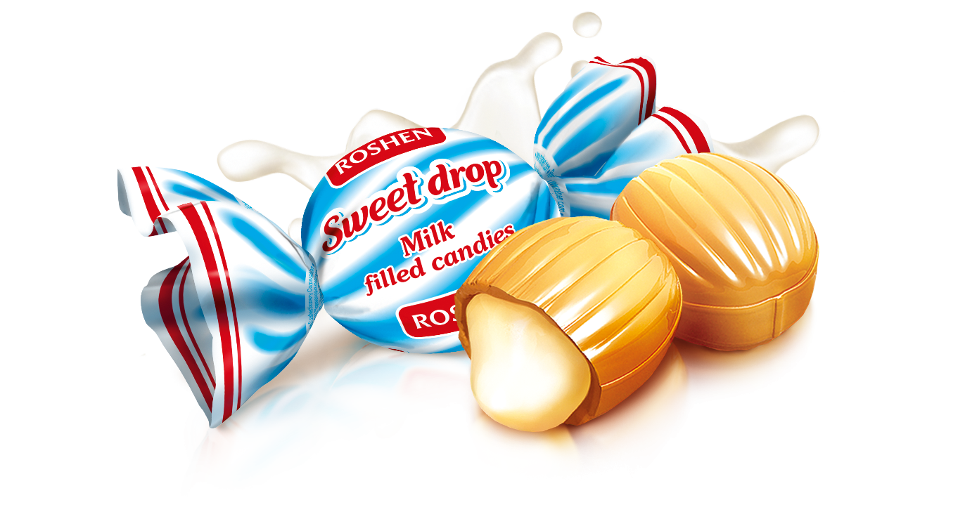 Roshen Molochnaya Kaplya (Milk Drop) – Ukrainian milk caramel candies with creamy vanilla-flavoured filling – traditional soft sweets by Roshen

